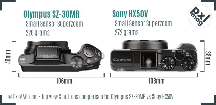 Olympus SZ-30MR vs Sony HX50V top view buttons comparison