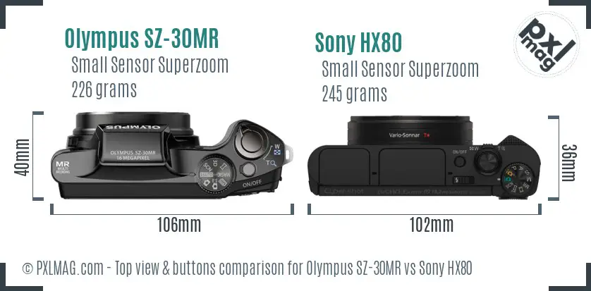 Olympus SZ-30MR vs Sony HX80 top view buttons comparison