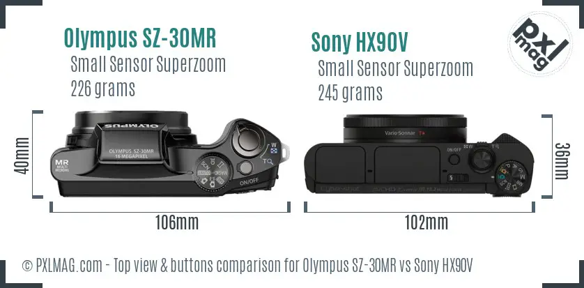 Olympus SZ-30MR vs Sony HX90V top view buttons comparison