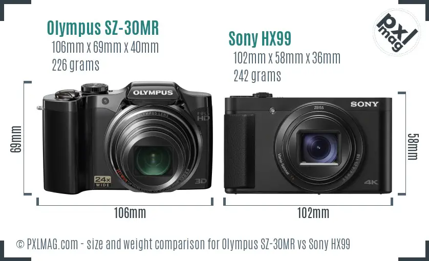 Olympus SZ-30MR vs Sony HX99 size comparison
