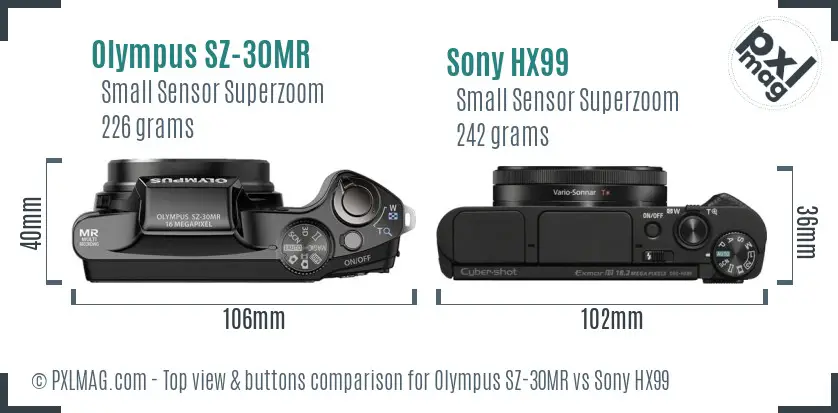 Olympus SZ-30MR vs Sony HX99 top view buttons comparison