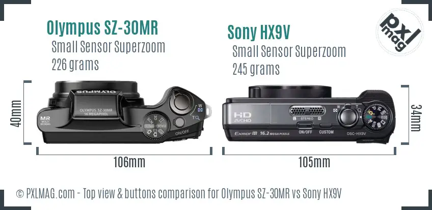 Olympus SZ-30MR vs Sony HX9V top view buttons comparison