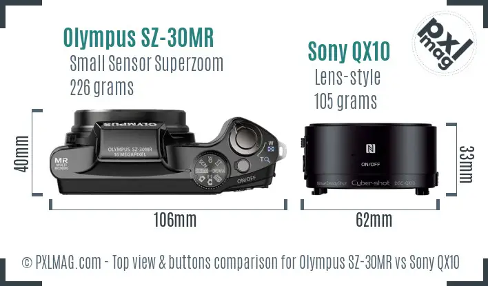 Olympus SZ-30MR vs Sony QX10 top view buttons comparison