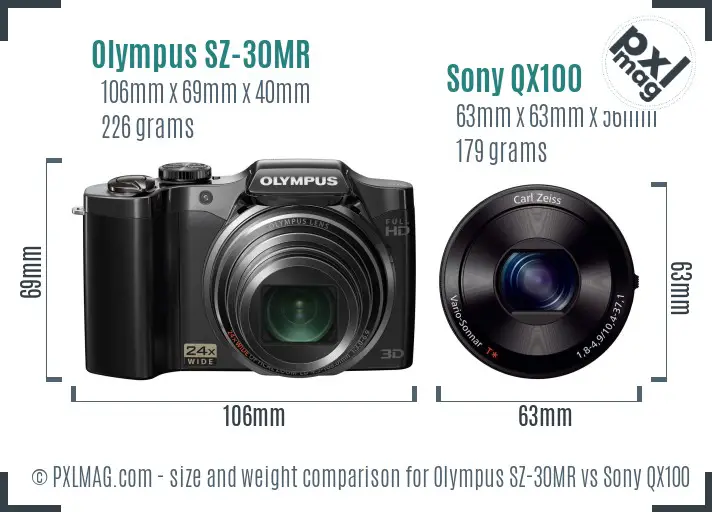Olympus SZ-30MR vs Sony QX100 size comparison