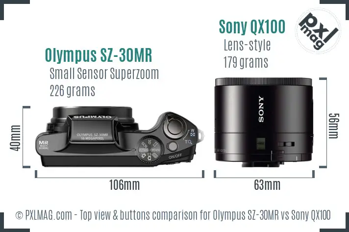 Olympus SZ-30MR vs Sony QX100 top view buttons comparison