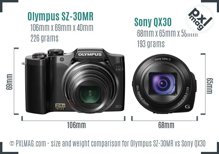 Olympus SZ-30MR vs Sony QX30 size comparison