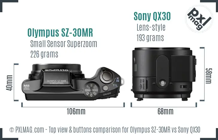 Olympus SZ-30MR vs Sony QX30 top view buttons comparison