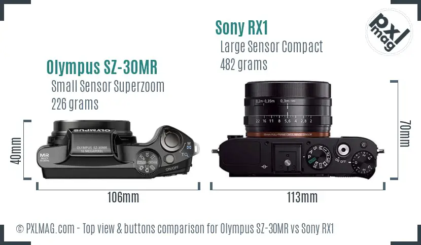 Olympus SZ-30MR vs Sony RX1 top view buttons comparison