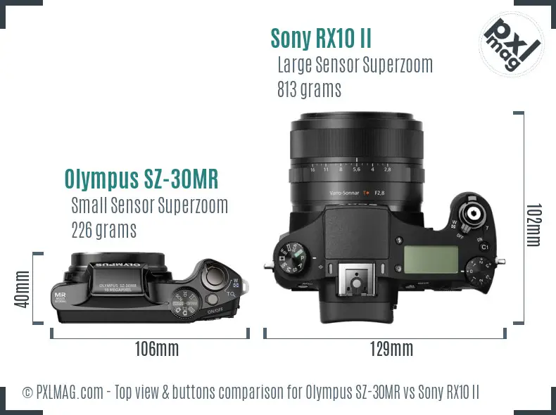 Olympus SZ-30MR vs Sony RX10 II top view buttons comparison
