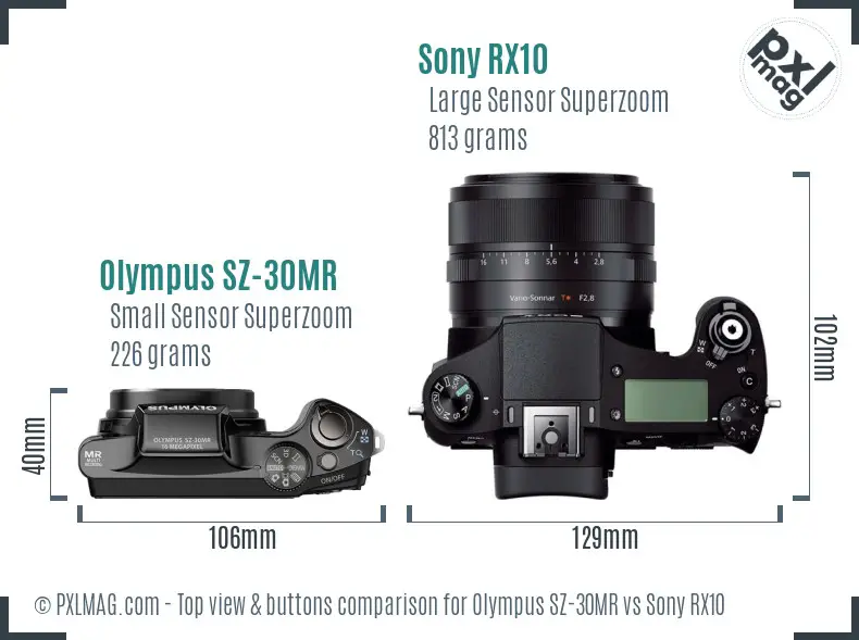 Olympus SZ-30MR vs Sony RX10 top view buttons comparison