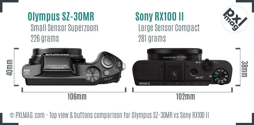 Olympus SZ-30MR vs Sony RX100 II top view buttons comparison