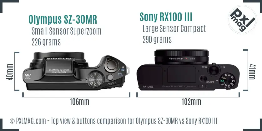Olympus SZ-30MR vs Sony RX100 III top view buttons comparison