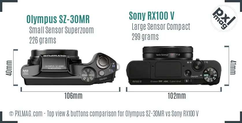 Olympus SZ-30MR vs Sony RX100 V top view buttons comparison