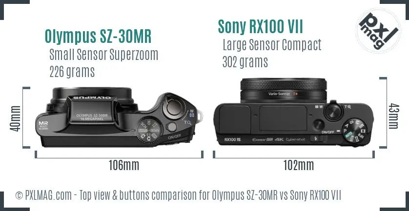 Olympus SZ-30MR vs Sony RX100 VII top view buttons comparison