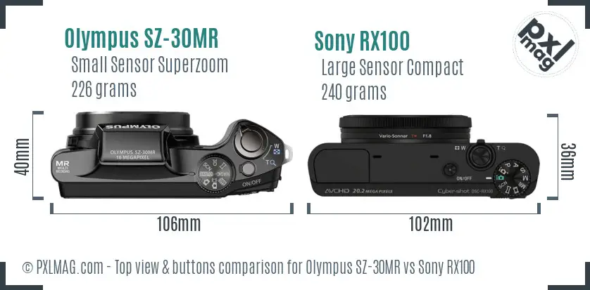 Olympus SZ-30MR vs Sony RX100 top view buttons comparison