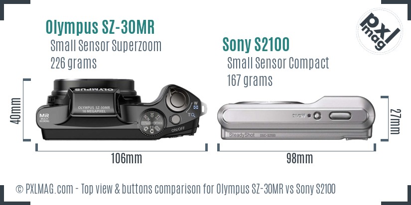 Olympus SZ-30MR vs Sony S2100 top view buttons comparison