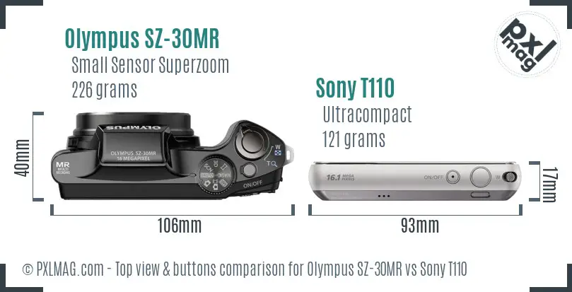 Olympus SZ-30MR vs Sony T110 top view buttons comparison