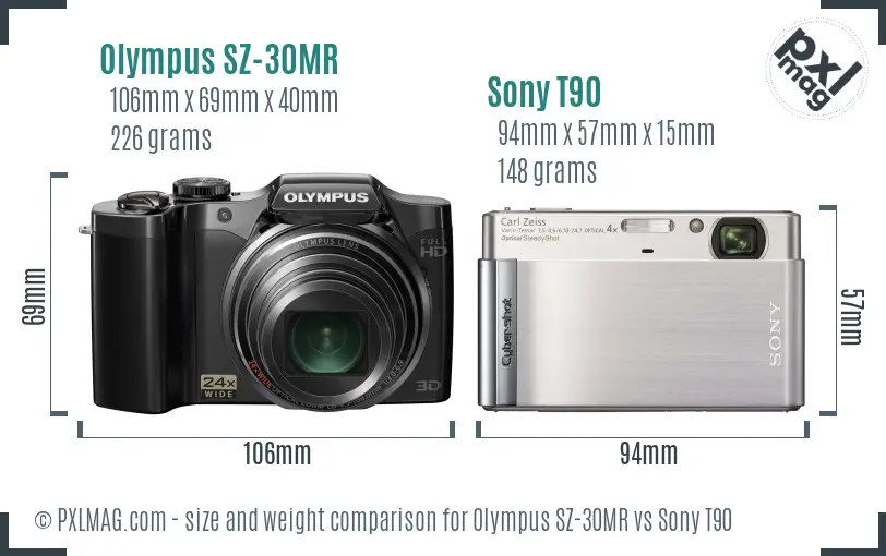 Olympus SZ-30MR vs Sony T90 size comparison