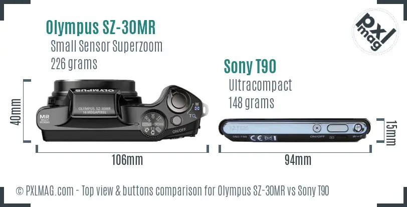 Olympus SZ-30MR vs Sony T90 top view buttons comparison