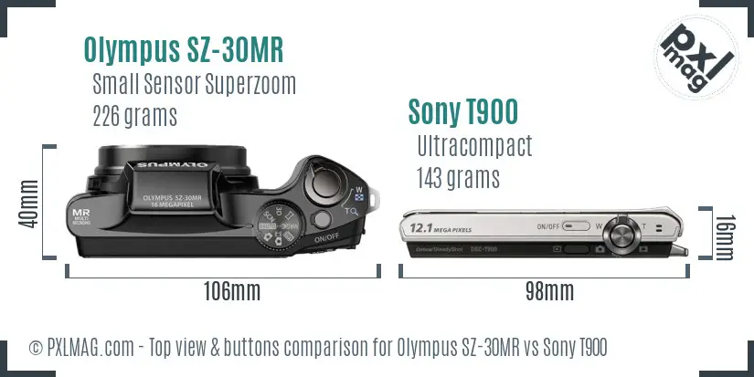 Olympus SZ-30MR vs Sony T900 top view buttons comparison