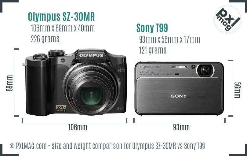Olympus SZ-30MR vs Sony T99 size comparison