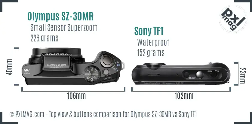 Olympus SZ-30MR vs Sony TF1 top view buttons comparison