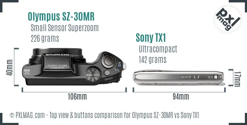 Olympus SZ-30MR vs Sony TX1 top view buttons comparison