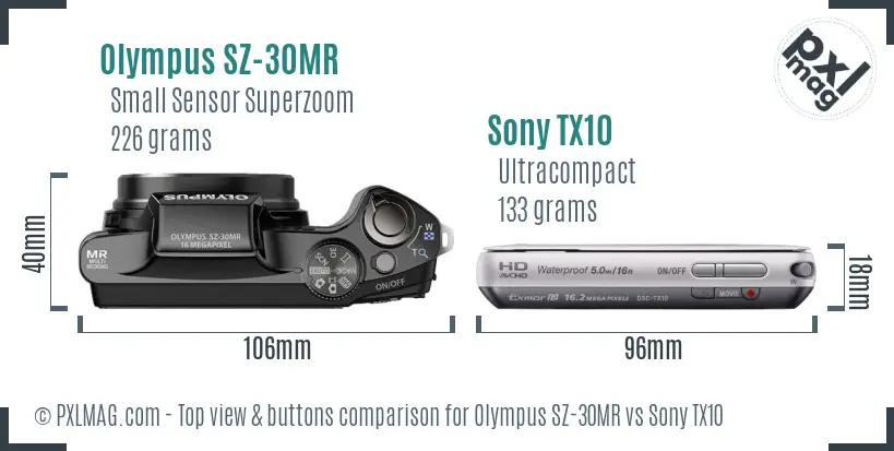 Olympus SZ-30MR vs Sony TX10 top view buttons comparison