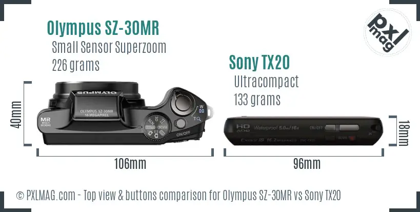 Olympus SZ-30MR vs Sony TX20 top view buttons comparison