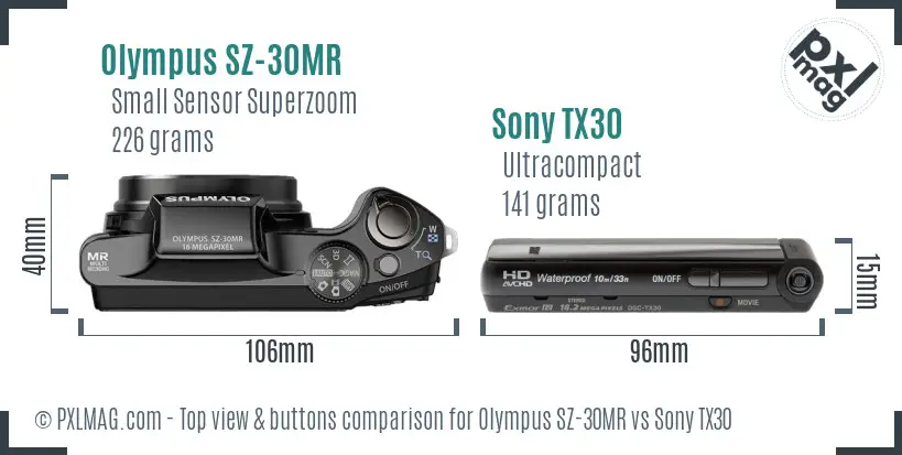 Olympus SZ-30MR vs Sony TX30 top view buttons comparison