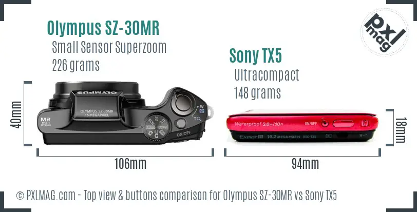 Olympus SZ-30MR vs Sony TX5 top view buttons comparison
