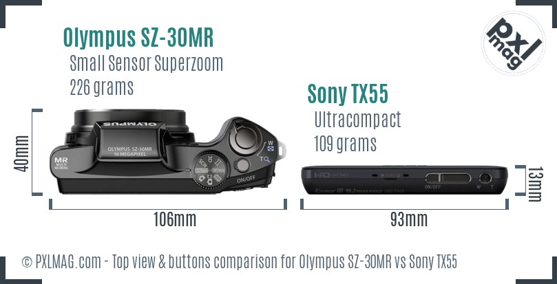 Olympus SZ-30MR vs Sony TX55 top view buttons comparison