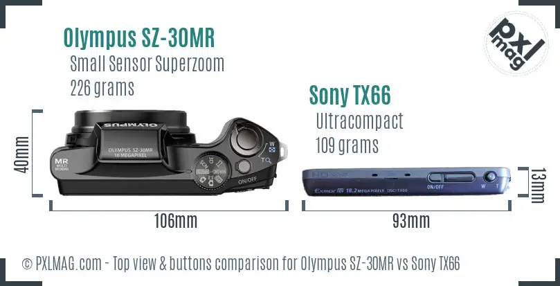 Olympus SZ-30MR vs Sony TX66 top view buttons comparison