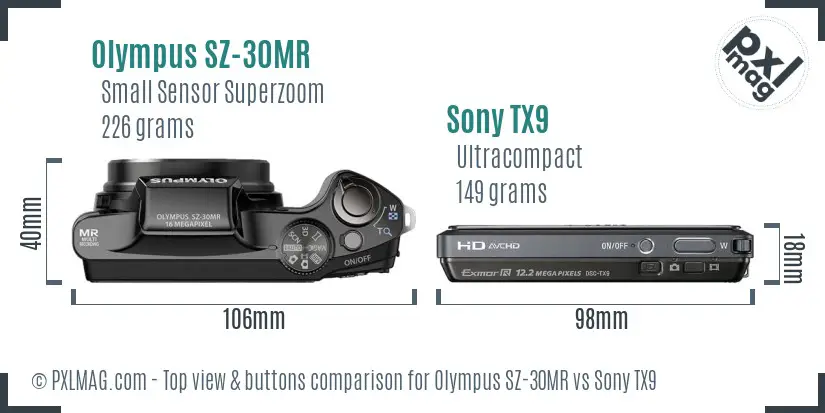 Olympus SZ-30MR vs Sony TX9 top view buttons comparison