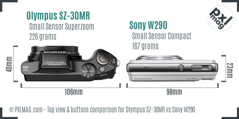 Olympus SZ-30MR vs Sony W290 top view buttons comparison