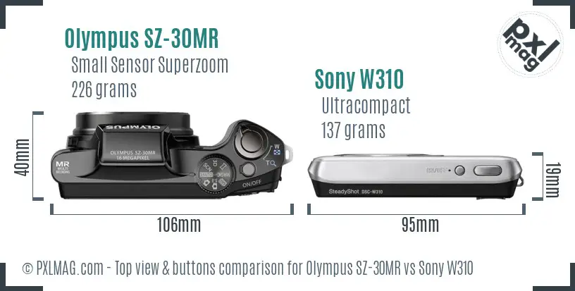 Olympus SZ-30MR vs Sony W310 top view buttons comparison