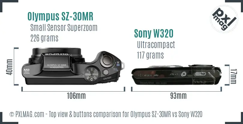 Olympus SZ-30MR vs Sony W320 top view buttons comparison Olympus SZ-30MR vs Sony W320 top view buttons comparison