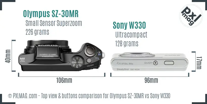 Olympus SZ-30MR vs Sony W330 top view buttons comparison