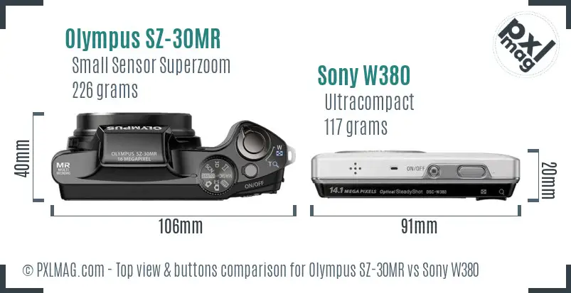 Olympus SZ-30MR vs Sony W380 top view buttons comparison
