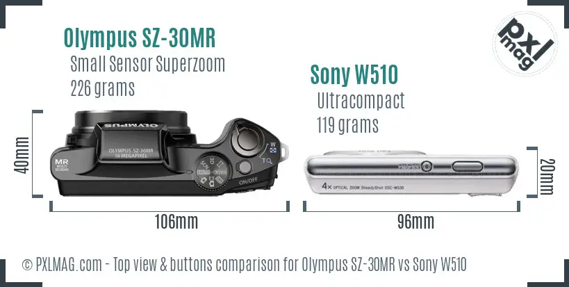 Olympus SZ-30MR vs Sony W510 top view buttons comparison