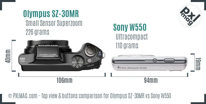 Olympus SZ-30MR vs Sony W550 top view buttons comparison Olympus SZ-30MR vs Sony W550 top view buttons comparison