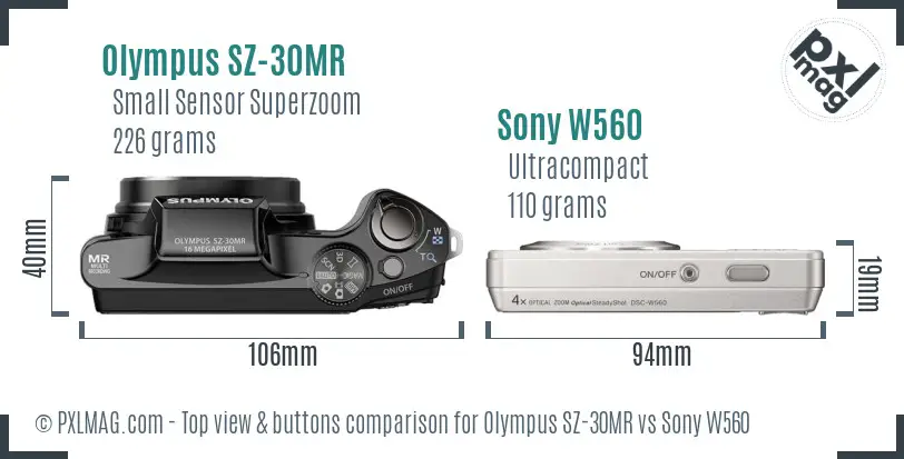 Olympus SZ-30MR vs Sony W560 top view buttons comparison