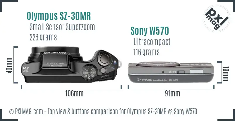 Olympus SZ-30MR vs Sony W570 top view buttons comparison