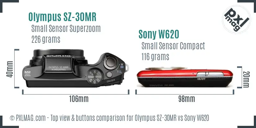 Olympus SZ-30MR vs Sony W620 top view buttons comparison