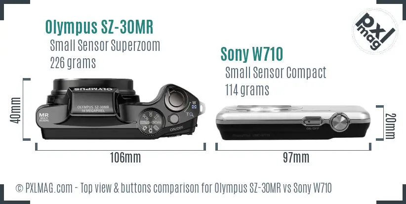 Olympus SZ-30MR vs Sony W710 top view buttons comparison