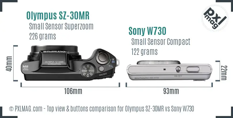 Olympus SZ-30MR vs Sony W730 top view buttons comparison