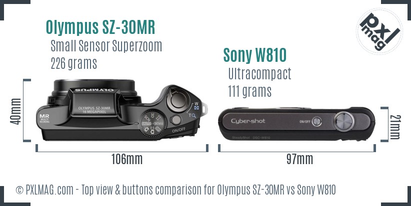 Olympus SZ-30MR vs Sony W810 top view buttons comparison