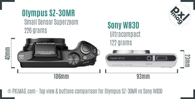 Olympus SZ-30MR vs Sony W830 top view buttons comparison