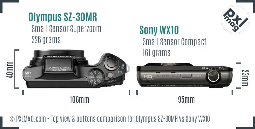 Olympus SZ-30MR vs Sony WX10 top view buttons comparison