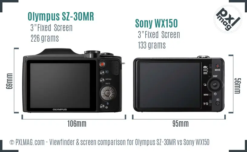 Olympus SZ-30MR vs Sony WX150 Screen and Viewfinder comparison